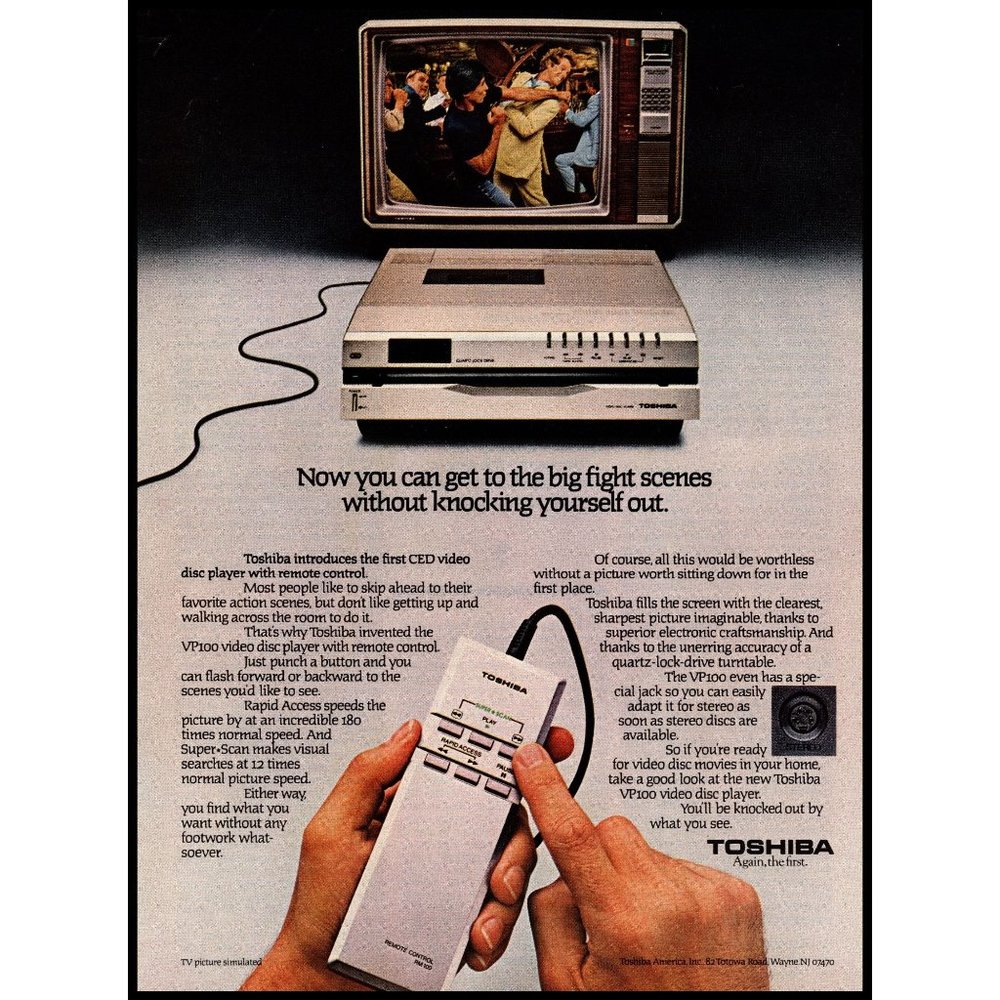 1981 Toshiba VP100 CED Video Disc Player Vintage Print Ad TV On Wall Art Photo